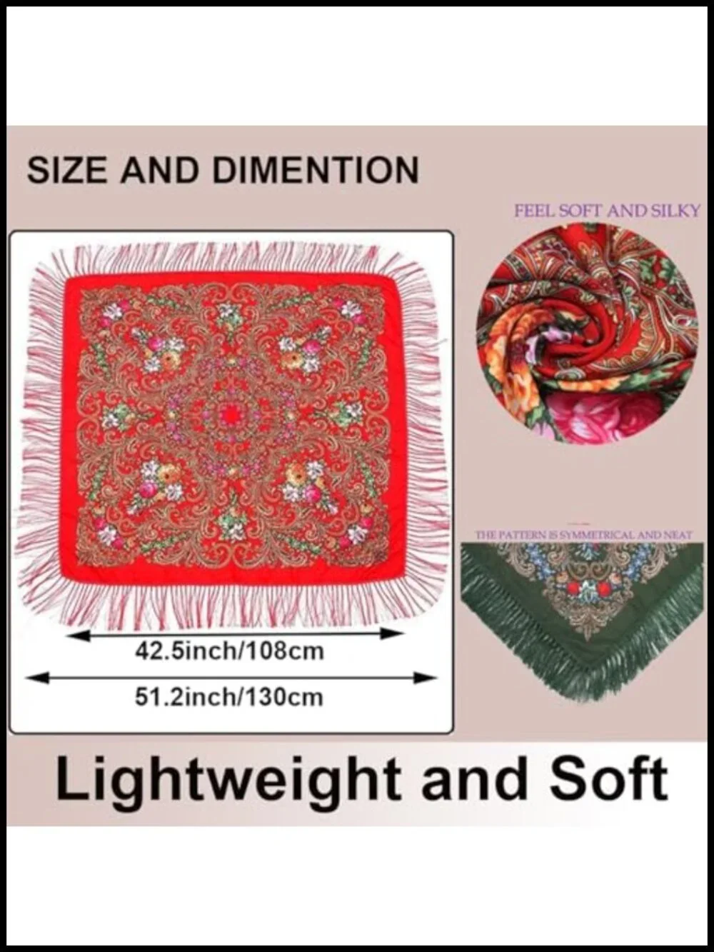 Women Fringed Shawl Wrap Retro Tassel Scarf Cotton Polyester Floral Large Square